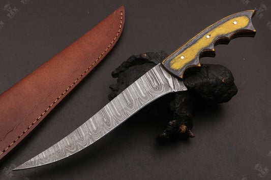12" Hand forged Fire Damascus Steel Fillet Kitchen Knife Damascus Fillet Knife With Leather Sheath