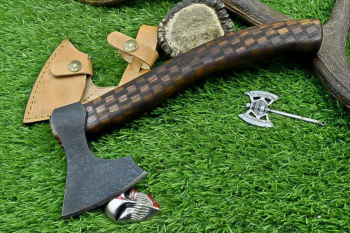 12" Handmade Carbon Steel Axe Viking Tomahawk Axe with Rosewood Handle & Sheath