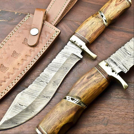 12" Handmade Custom Bowie Knife Damascus Steel Knife with Walnut Wood Handle & Sheath