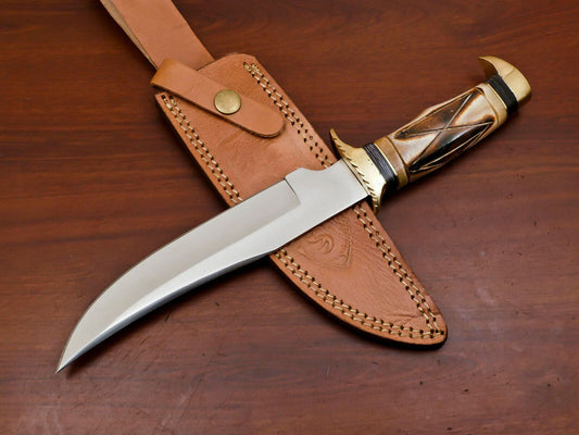 12" Handmade D2 Clip Point Fixed Blade Bowie Knife with Bone Handle and Leather Sheath