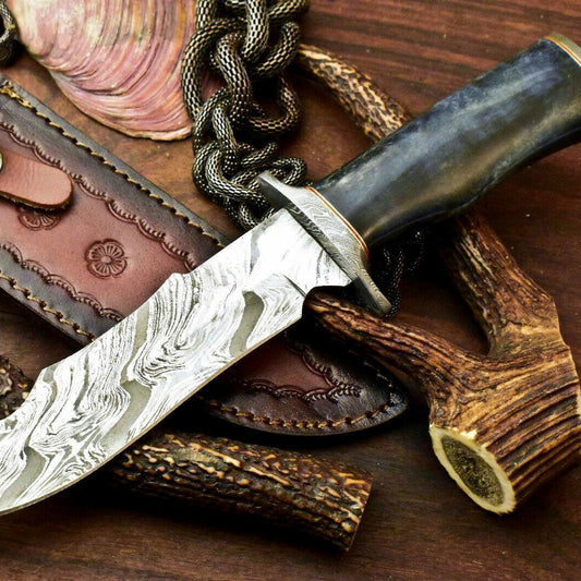 12" Handmade Damascus Bowie Hunting Knife | Camel Bone Handle