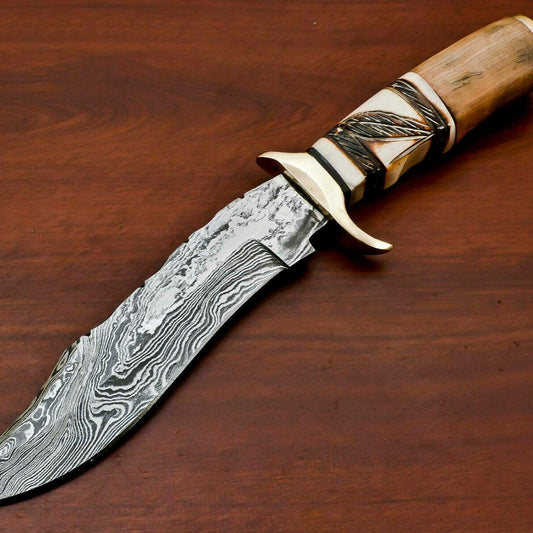 12" Handmade Damascus Bowie Hunting Knife | Engraved Bone & Wood Handle