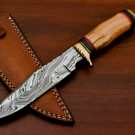 12" Handmade Damascus Bowie Hunting Knife | Olive & Pakka Wood Handle
