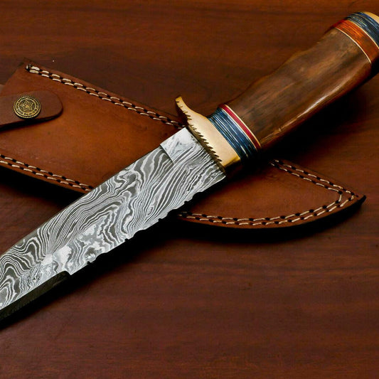 12" Handmade Damascus Bowie Hunting Knife | Rose Wood & Pakka Wood Handle