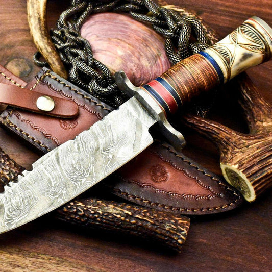 12" Handmade Damascus Bowie Hunting Knife | Stained Camel Bone Handle