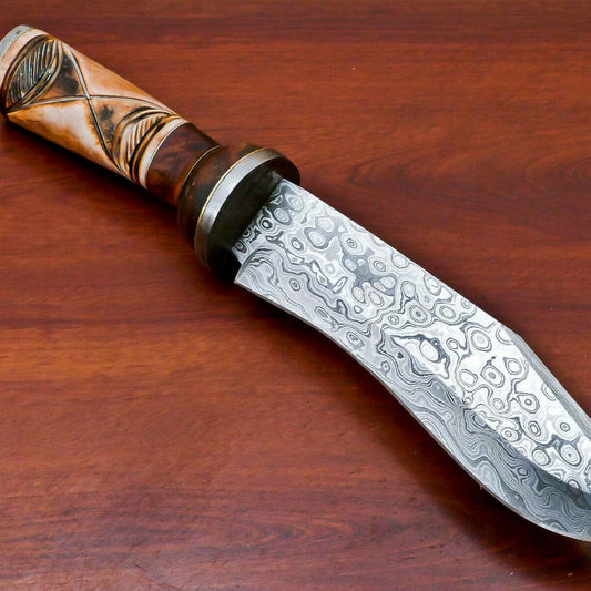 12" Handmade Damascus Bowie Hunting Knife with Engraved Bone & Wood Handle