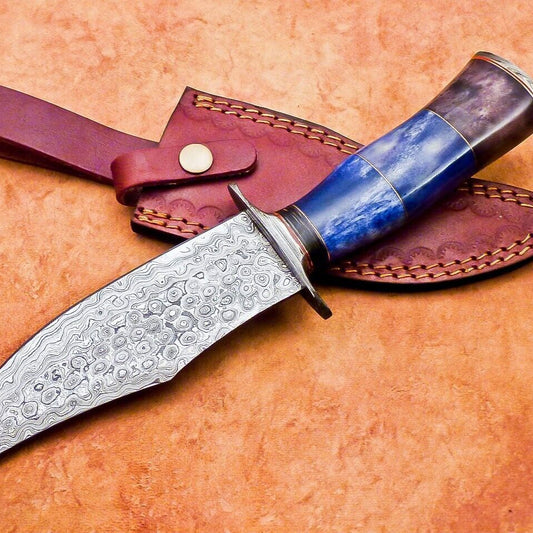 12" Handmade Damascus Bowie Knife – Camel Bone Handle & 7" Blade