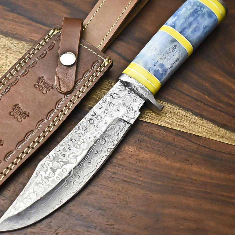 12" Handmade Damascus Bowie Knife – Camel Bone Handle & Leather Sheath 
