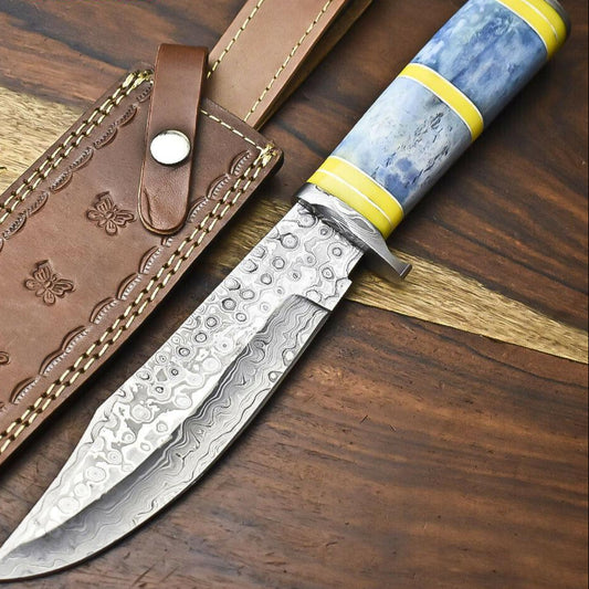 12" Handmade Damascus Bowie Knife – Camel Bone Handle & Leather Sheath 