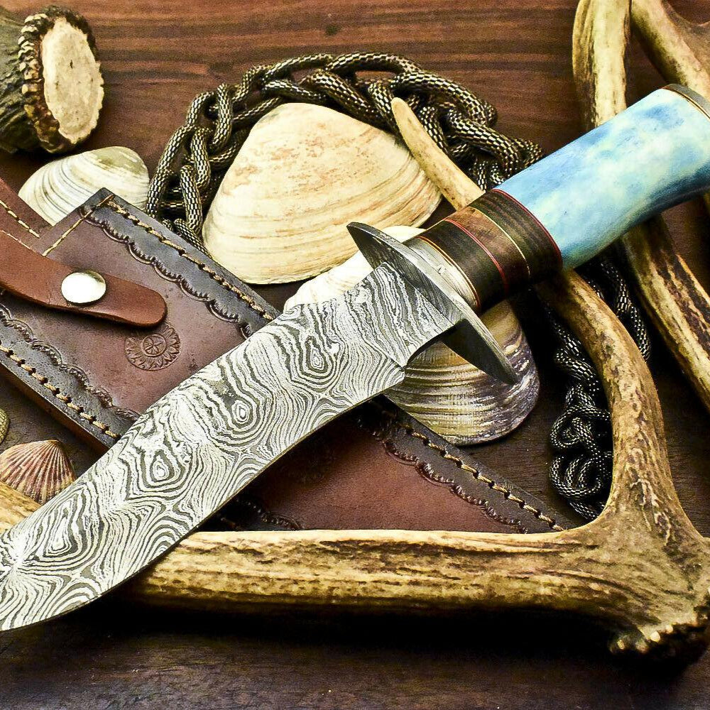12" Handmade Damascus Bowie Knife | Camel Bone Handle + Sheath