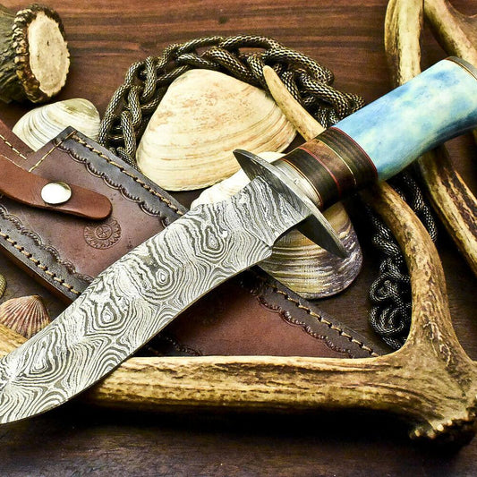 12" Handmade Damascus Bowie Knife | Camel Bone Handle + Sheath