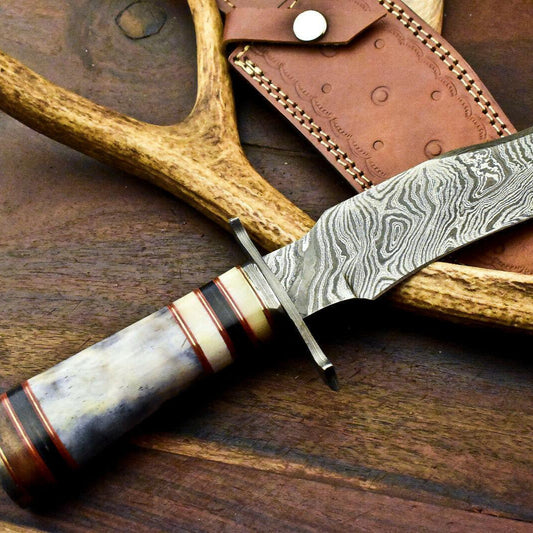 12" Handmade Damascus Bowie Knife – Camel Bone Handle with Leather Sheath