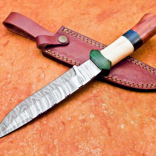 12" Handmade Damascus Bowie Knife – Camel Bone & Hardwood Hunting Knife with Leather Sheath