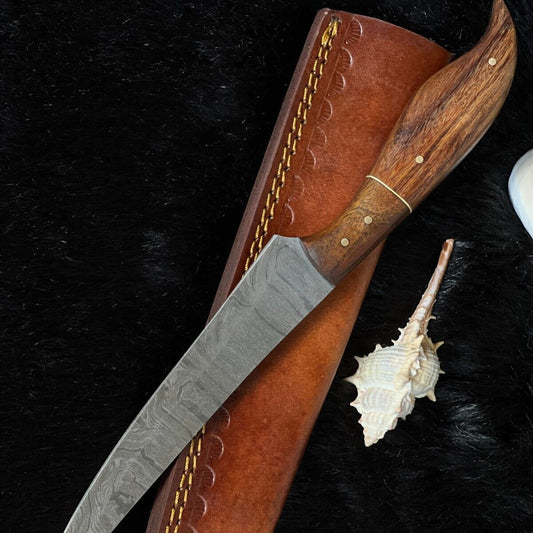 12" Handmade Damascus Bowie Knife – Camel Bone & Wood Handle | Twist Pattern Blade