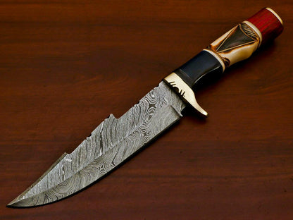 12" Handmade Damascus Bowie Knife Damascus Steel Knife With Bone & Pakka Wood Handle & Sheath
