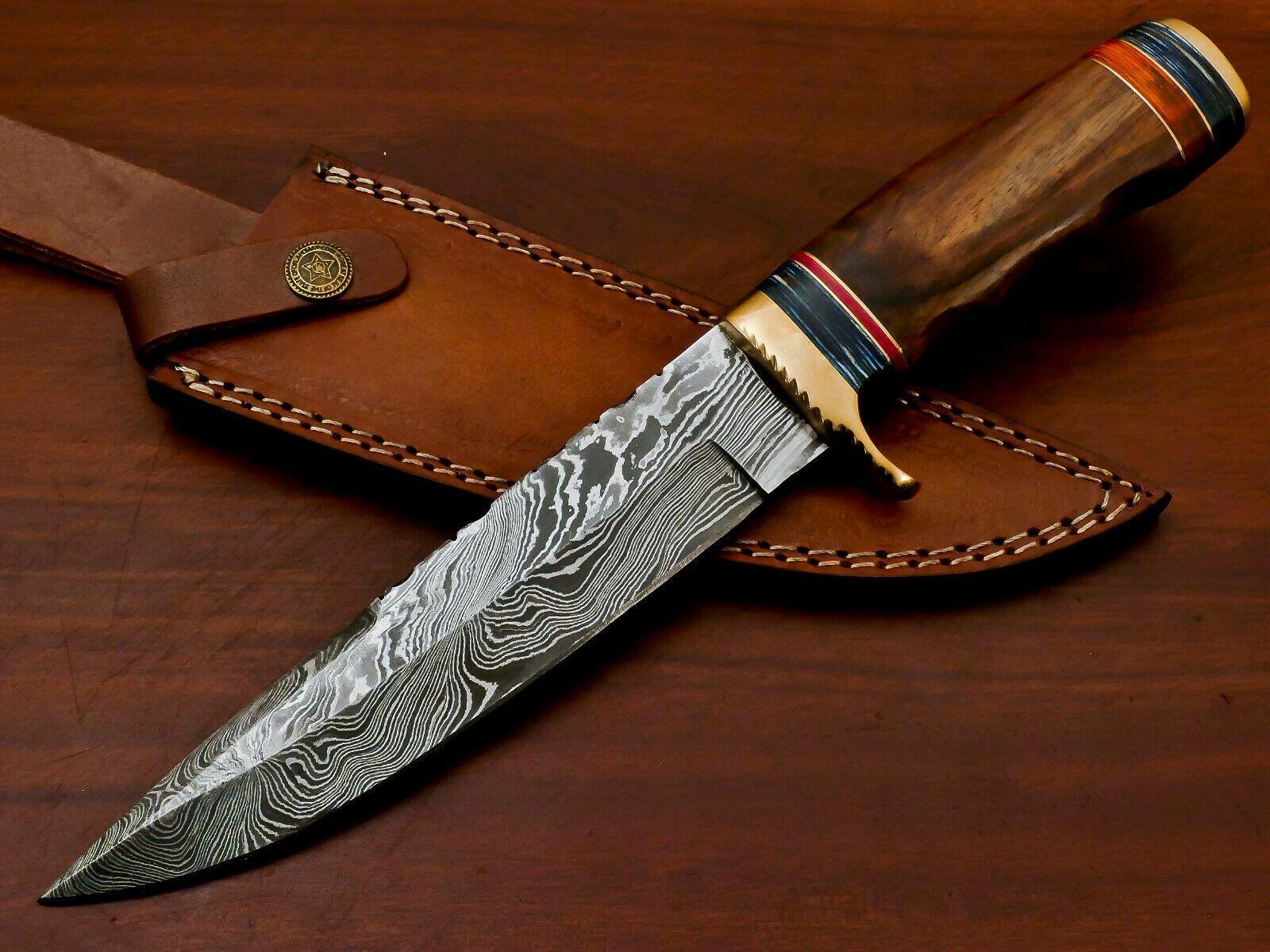 12" Handmade Damascus Bowie Knife Damascus Steel Knife With Rose Wood & Pakka Wood Handle