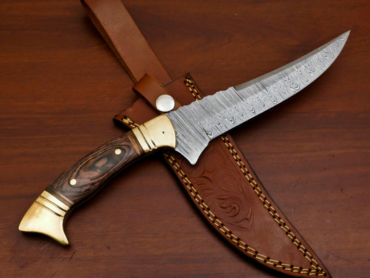 12" Handmade Damascus Bowie Knife Damascus Steel Knife with Wood Handle & Sheath