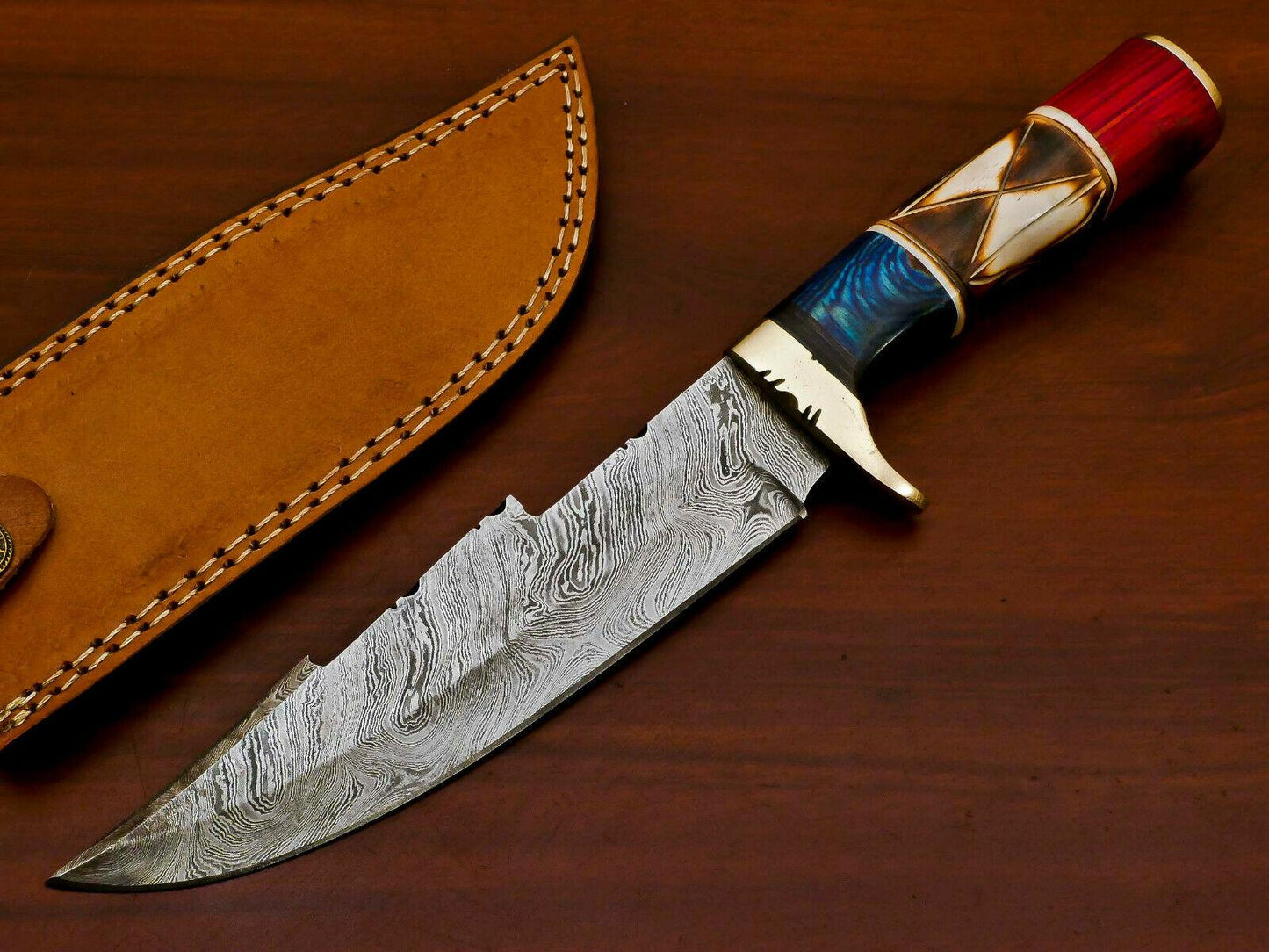 12" Handmade Damascus Bowie Knife Damasus Steel Knife with Bone and Pakka Wood Handle