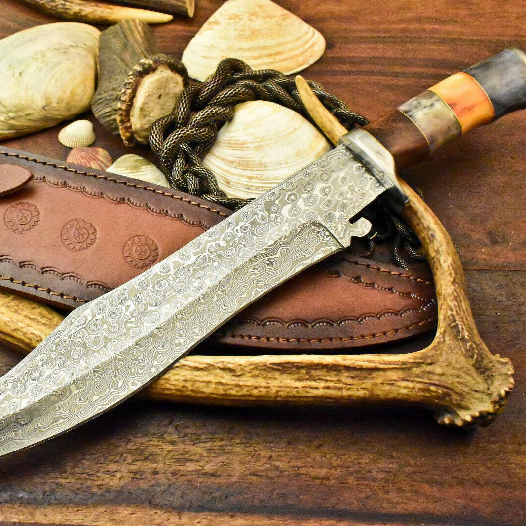 12" Handmade Damascus Bowie Knife | Stained Camel Bone Handle