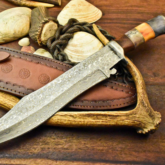 12" Handmade Damascus Bowie Knife | Stained Camel Bone Handle
