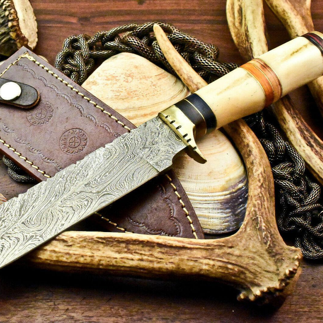 12" Handmade Damascus Bowie Knife – Stained Camel Bone Handle with Leather Sheath