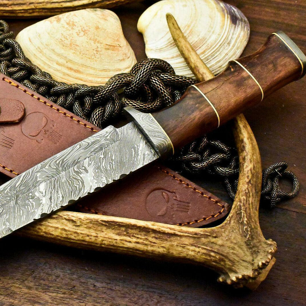 12" Handmade Damascus Bowie Knife – Walnut Wood Handle & Leather Sheath