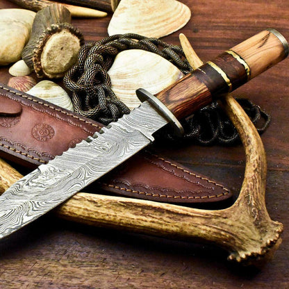 12" Handmade Damascus Bowie Knife – Walnut Wood Handle and Leather Sheath