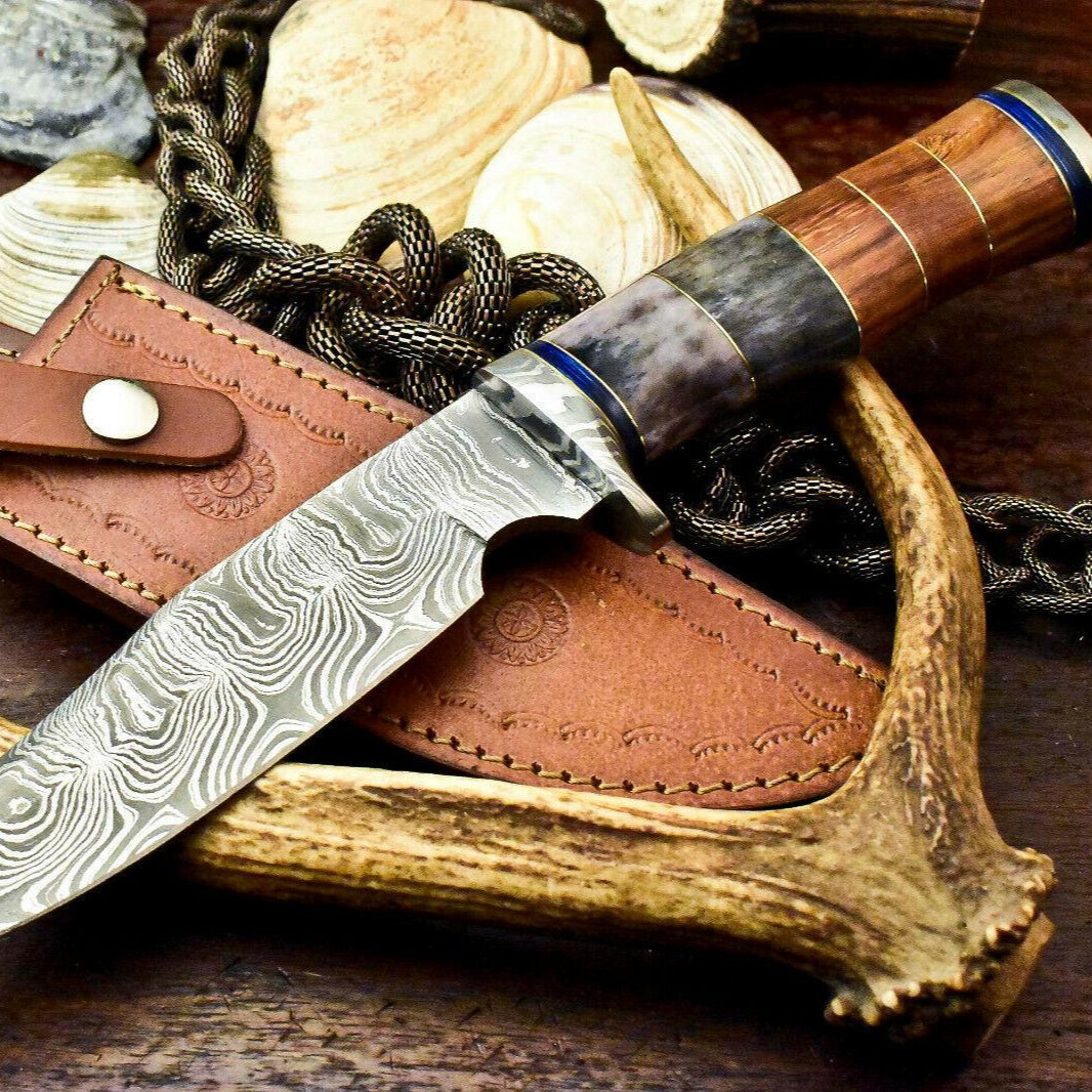 12" Handmade Damascus Bowie Knife – Walnut Wood Handle with Leather Sheath