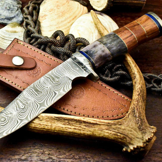 12" Handmade Damascus Bowie Knife – Walnut Wood Handle with Leather Sheath