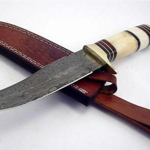 12” Handmade Damascus Bowie Knife | White Camel Bone Handle & Brass Bolster
