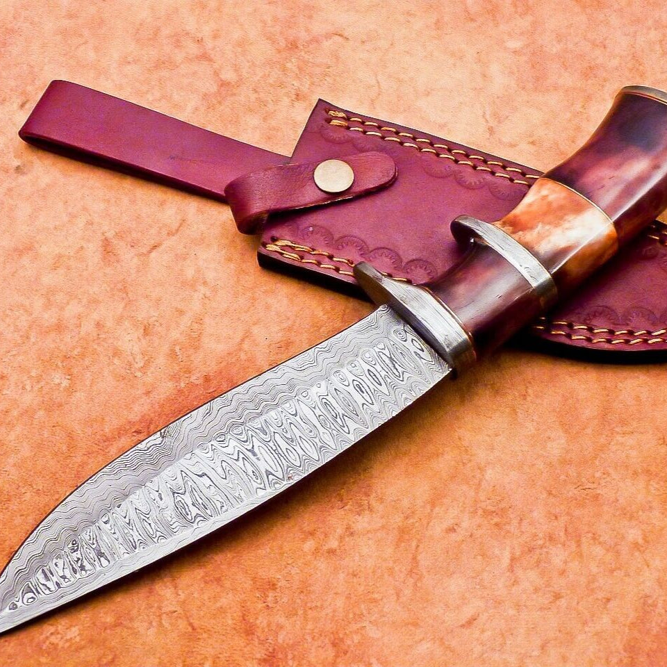 12" Handmade Damascus Bowie Knife with Camel Bone Handle & Leather Sheath