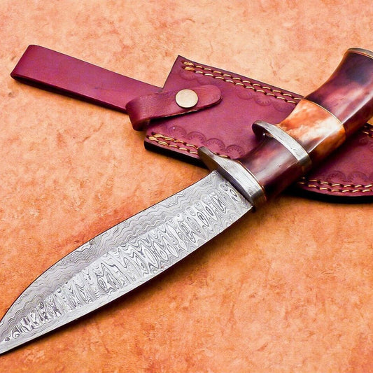12" Handmade Damascus Bowie Knife with Camel Bone Handle & Leather Sheath