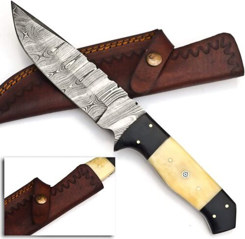 12" Handmade Damascus Bowie Knife with Camel Bone Handle with Leather Sheath