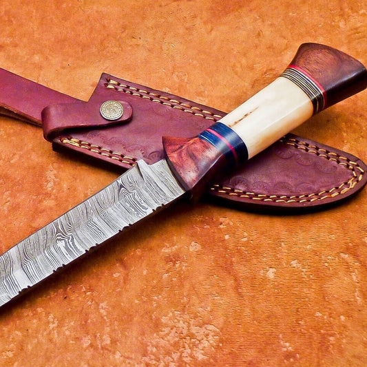 12" Handmade Damascus Bowie Knife with Camel Bone & Wood Handle