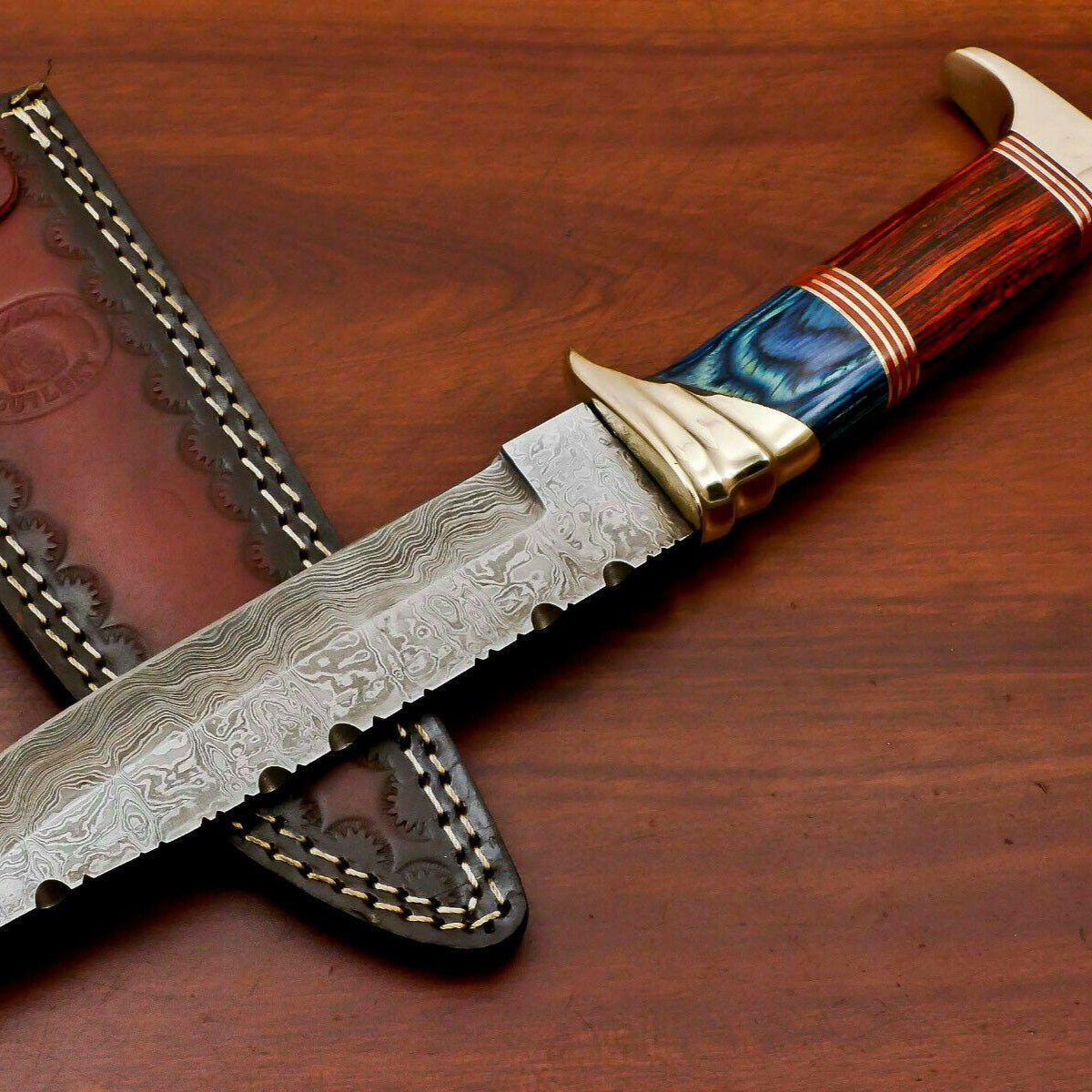 12” Handmade Damascus Bowie Knife with Pakka Wood Handle & Brass Guard