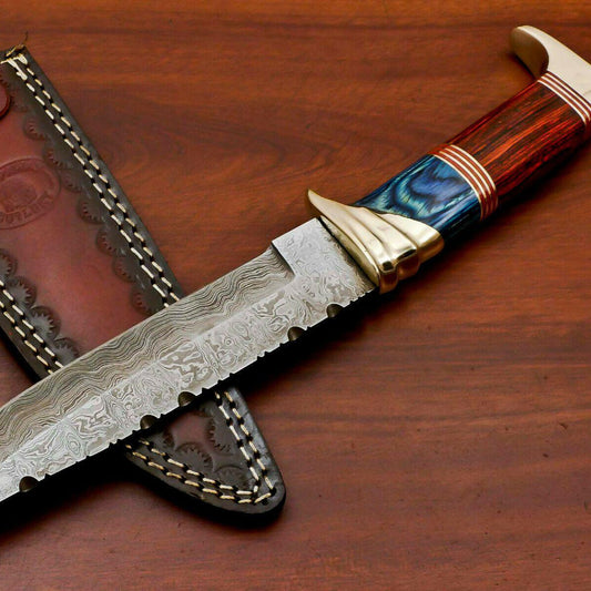 12” Handmade Damascus Bowie Knife with Pakka Wood Handle & Brass Guard