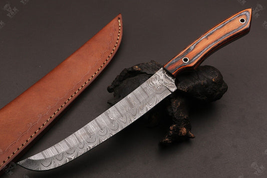 12" Handmade Damascus Fillet Knife Custom Fillet Knife With Pakka Wood Handle & Leather Sheath