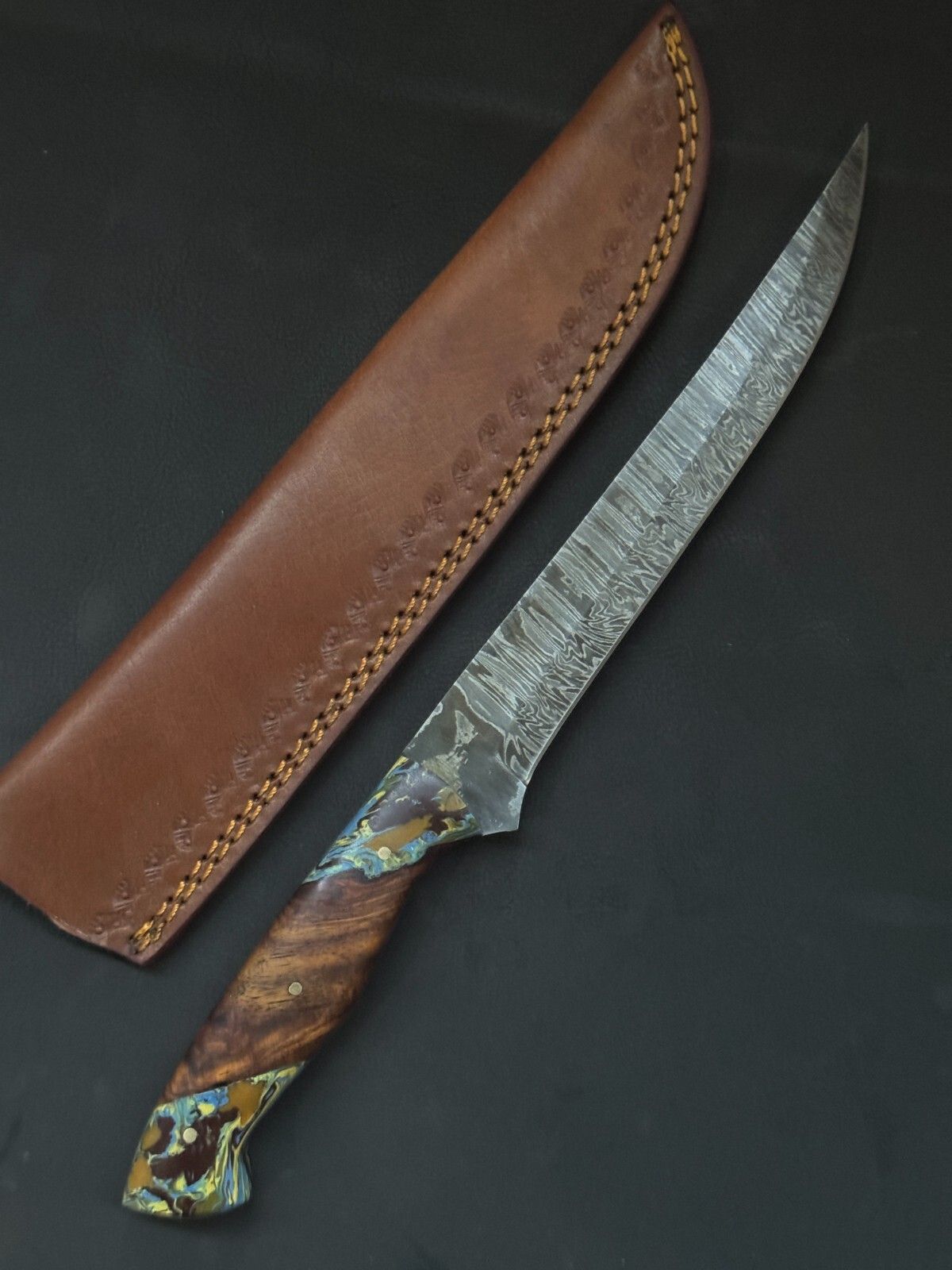 12" Handmade Damascus Fillet Knife Custom Fillet Knife with Resin & Wood Handle
