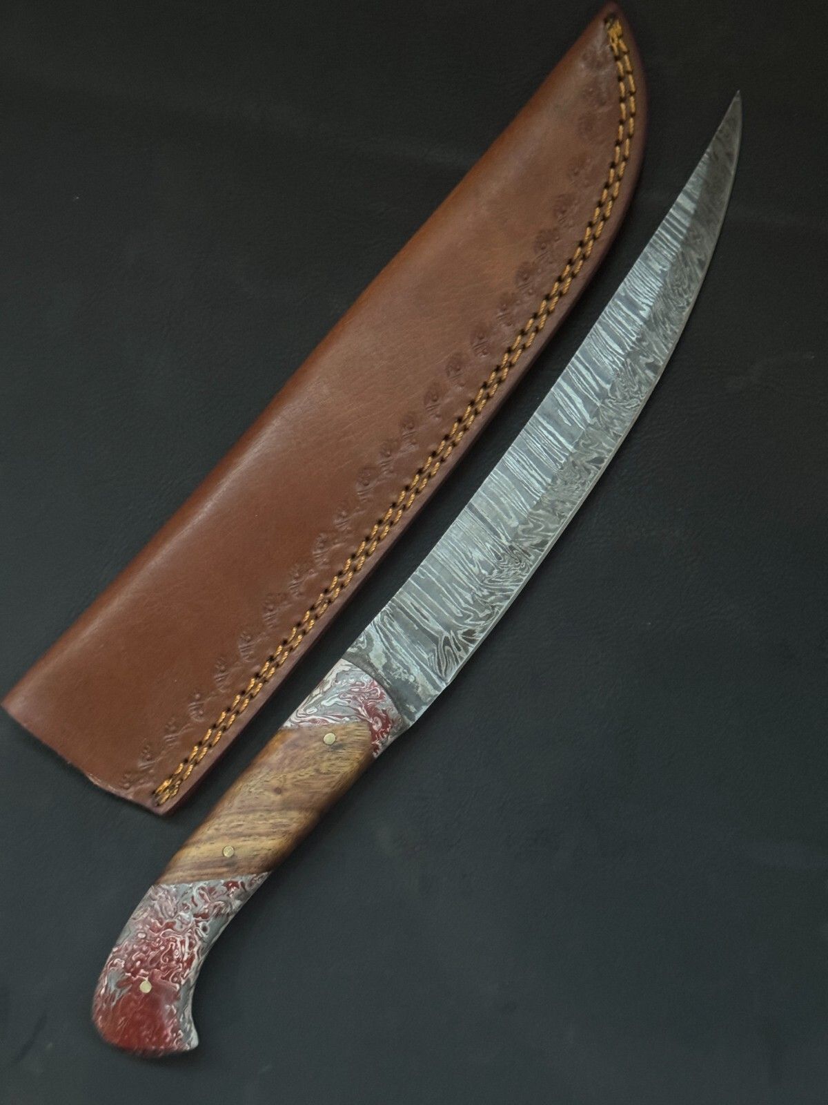 12" Handmade Damascus Fillet Knife Custom Fillet Knife with Resin & Wood Handle & Sheath