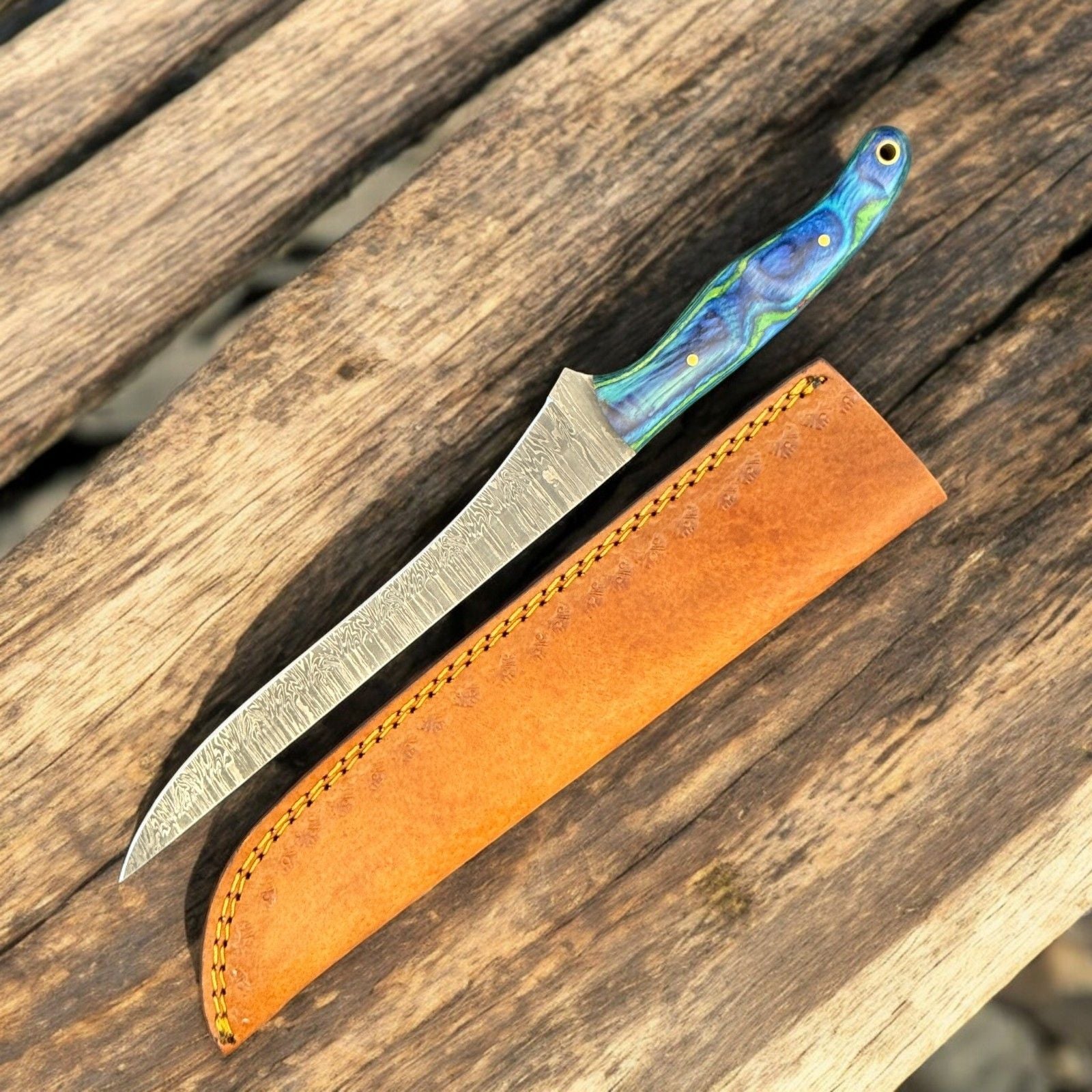 12" Handmade Damascus Fillet Knife & Kitchen Knife W/Sheath & Wood handle