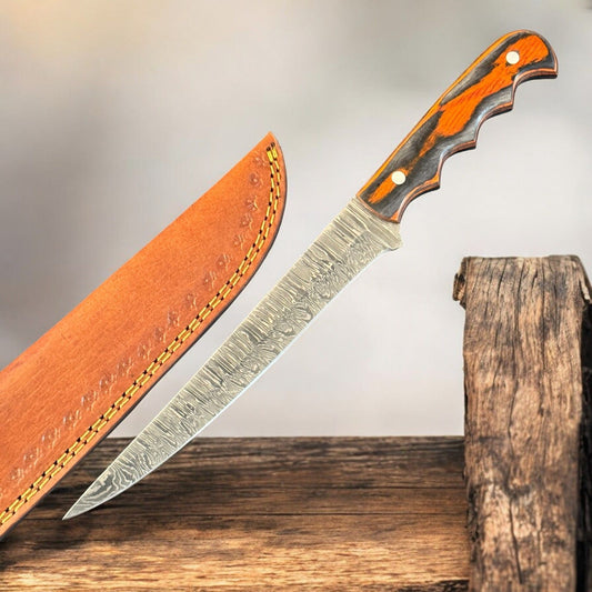 12” Handmade Damascus Fillet Knife with Wood Handle for Kitchen & Leather Sheath