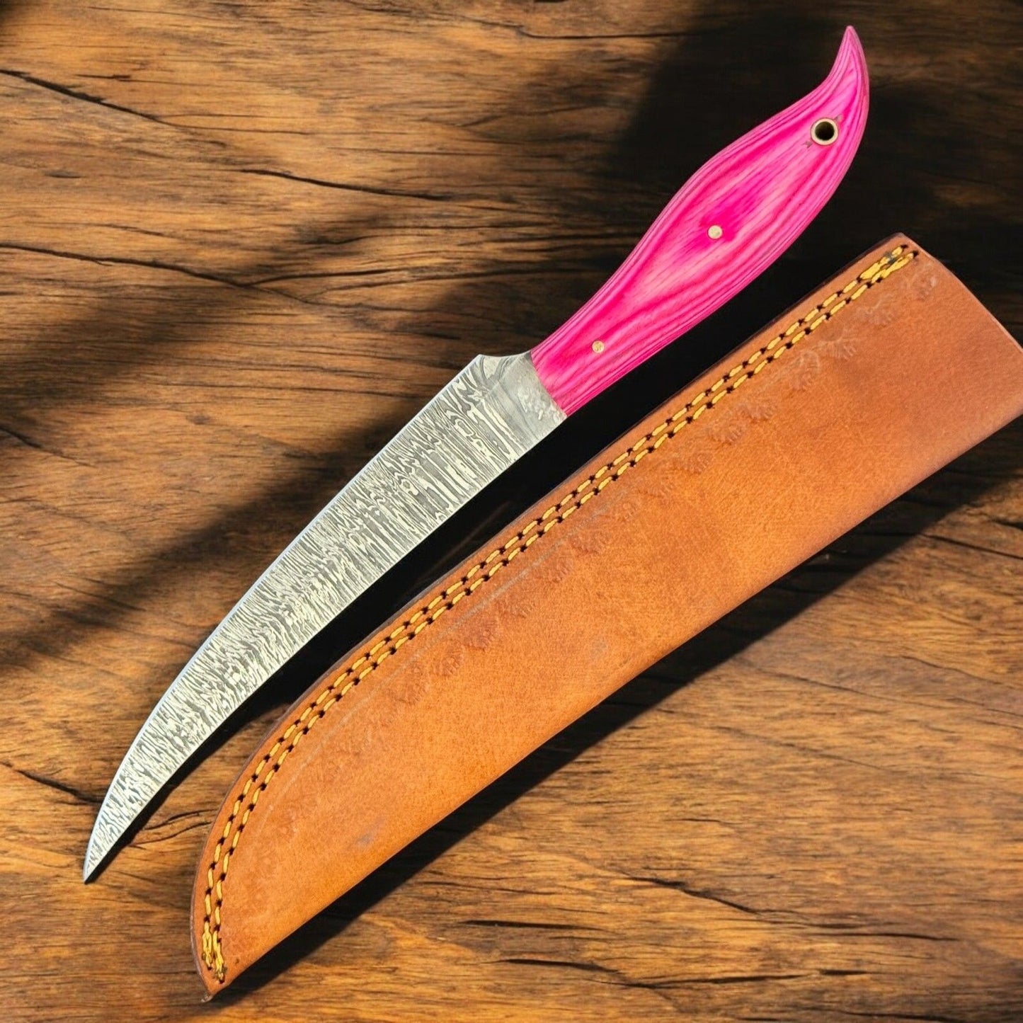 12” Handmade Damascus Fillet Knife with Wooden Handle for Kitchen Use W/Sheath