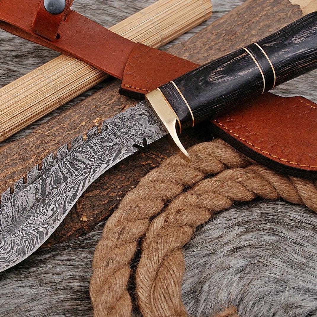 12" Handmade Damascus Kukri Bowie Knife – Forged Hunting Blade with Leather Sheath