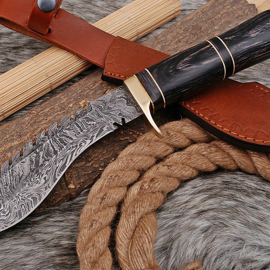 12" Handmade Damascus Kukri Bowie Knife – Forged Hunting Blade with Leather Sheath