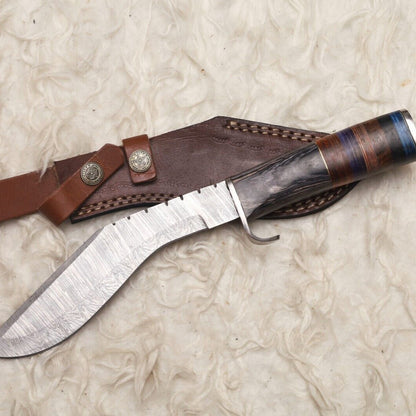  12" Handmade Damascus Kukri Bowie Knife | Hardwood Handle for Outdoor Hunting