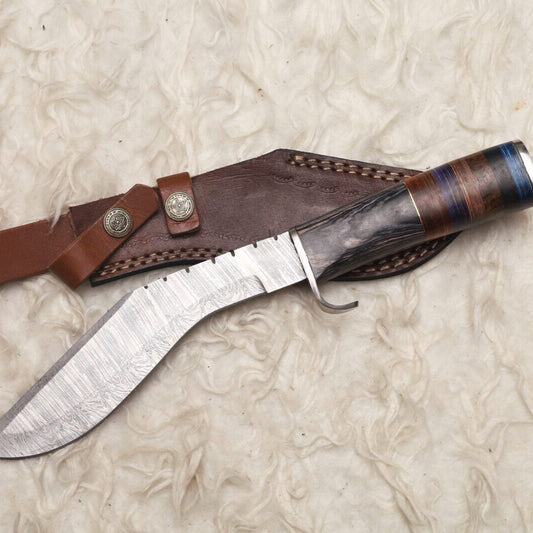  12" Handmade Damascus Kukri Bowie Knife | Hardwood Handle for Outdoor Hunting