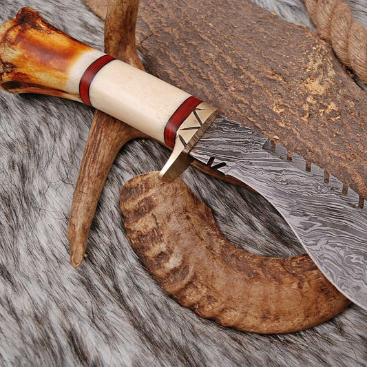 12" Handmade Damascus Kukri Bowie Knife with Bone Handle & Leather Sheath