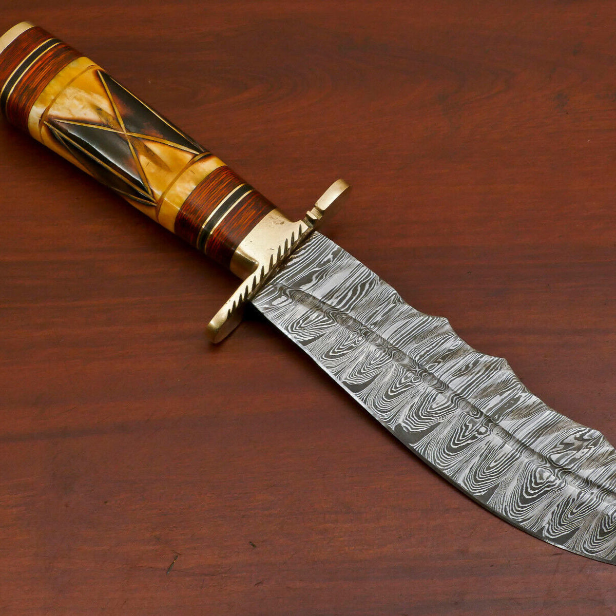 12" Handmade Damascus Steel Bowie Hunting Knife – Bone and Wood Handle with Sheath
