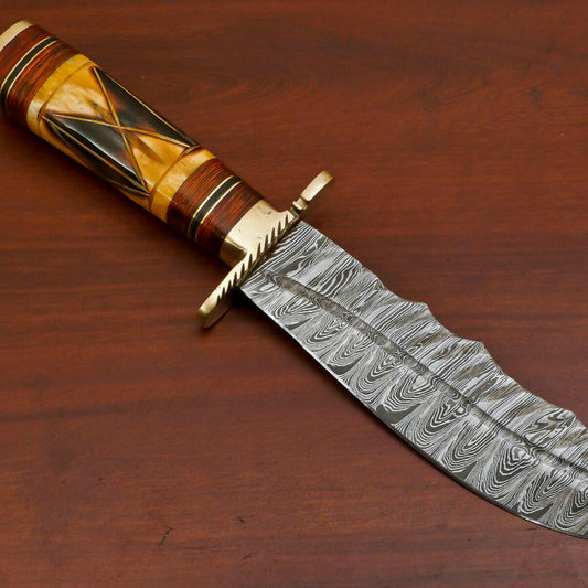 12" Handmade Damascus Steel Bowie Hunting Knife – Bone and Wood Handle with Sheath