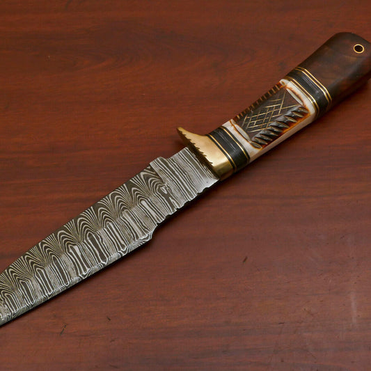 12" Handmade Damascus Steel Bowie Hunting Knife – Camel Bone & Rosewood Handle